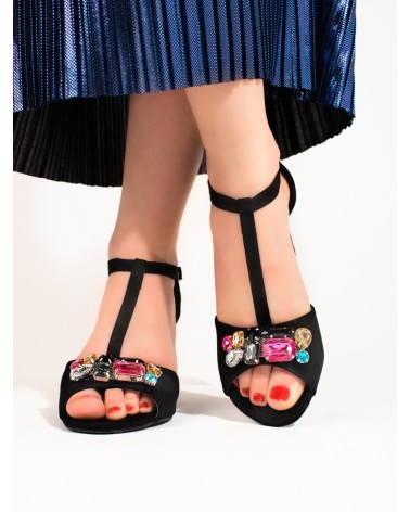 Zamszowe damskie sandały na słupku z kryształkami czarne