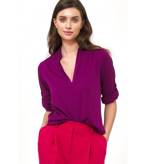 Wiskozowa purpurowa bluzka z podwijanym rękawem B147 Purpura - Nife