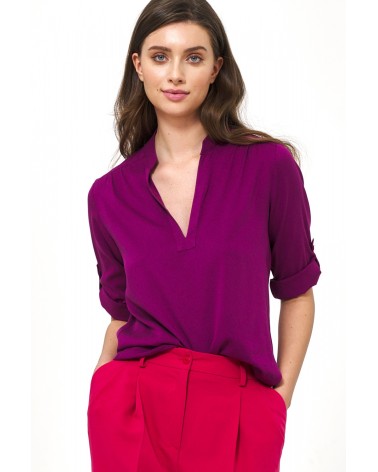 Wiskozowa purpurowa bluzka z podwijanym rękawem B147 Purpura - Nife