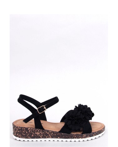 Sandałki na koturnie z kwiatami HAHN BLACK - Inello