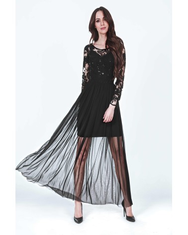 Sukienka maxi z topem z koronki z cekinami 1555 Black - Marselini